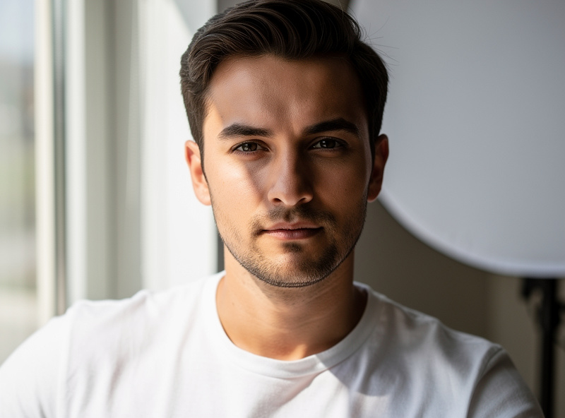 Portrait lit by natural window light at 45 degree angle with reflector fill