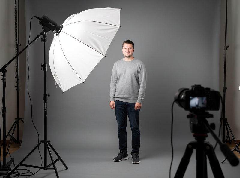 Off-camera flash on light stand with shoot-through umbrella in studio setup