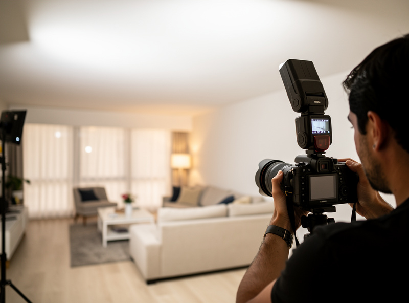 Speedlight bouncing off white ceiling in living room producing soft diffused light