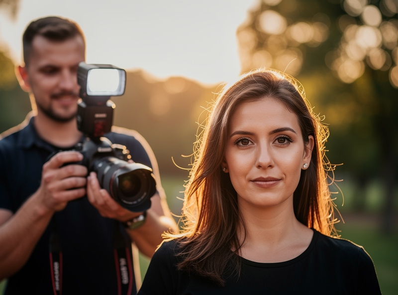 Photographer using speedlight outdoors for fill flash against harsh sunlight