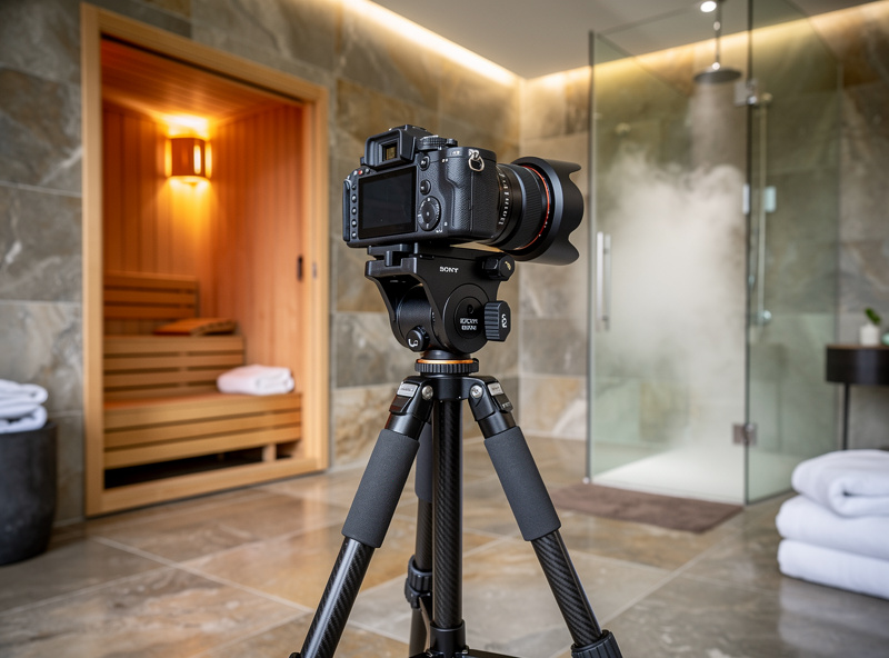 Sony A7 mirrorless camera with 16-35mm wide-angle lens on tripod in luxury home spa