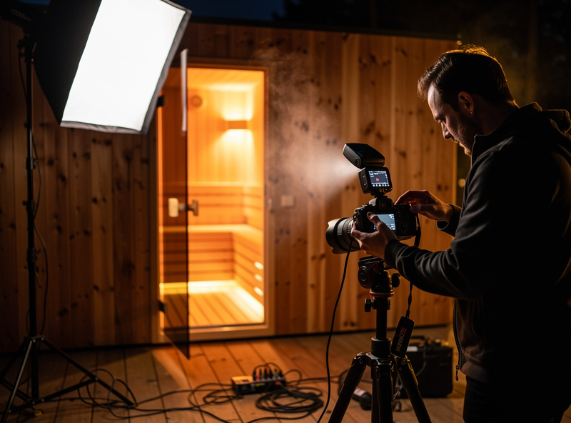 Photographer adjusting flash settings in front of a glowing sauna with cedar wood walls