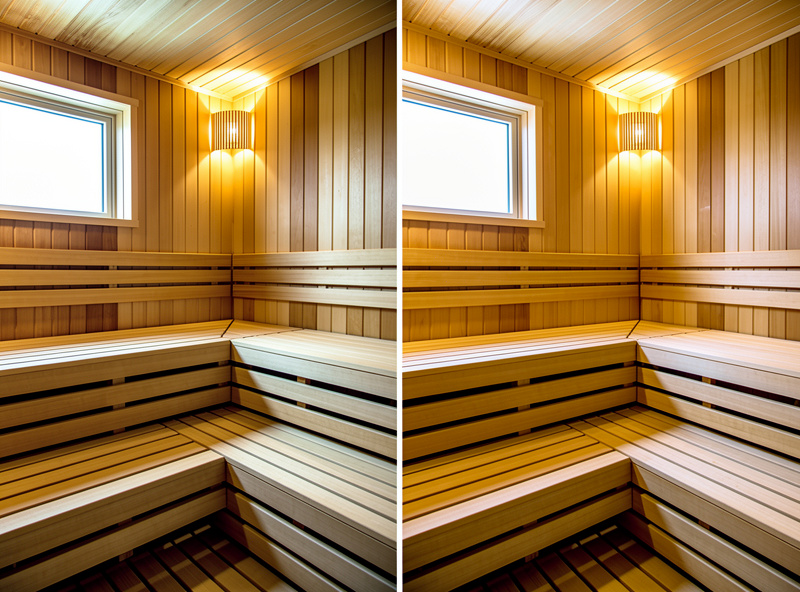 Before-and-after editing comparison of two wide-angle interior photos of a sauna