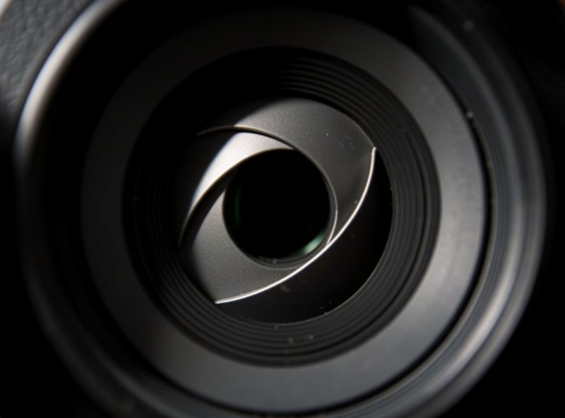 Close-up into a lens showing rounded aperture blades forming a near-circular opening