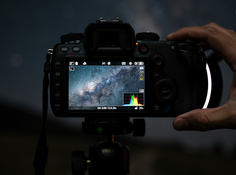Camera LCD showing Milky Way photo with ISO 3200 f/2.8 settings