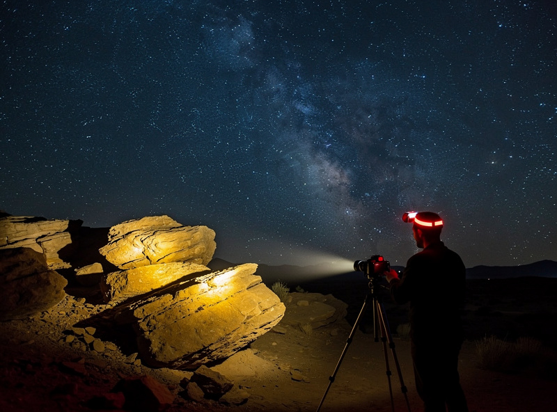 Photographer light painting foreground during Milky Way exposure