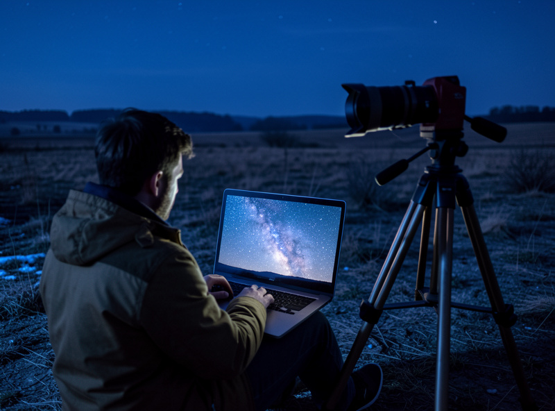 Photographer reviewing a stacked Milky Way image on a calibrated laptop monitor in the field