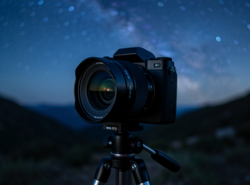 A fast wide-angle prime lens mounted on a mirrorless camera on a tripod under a star field