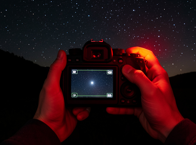 A photographer using live-view magnification to manually focus a lens on a bright star at night