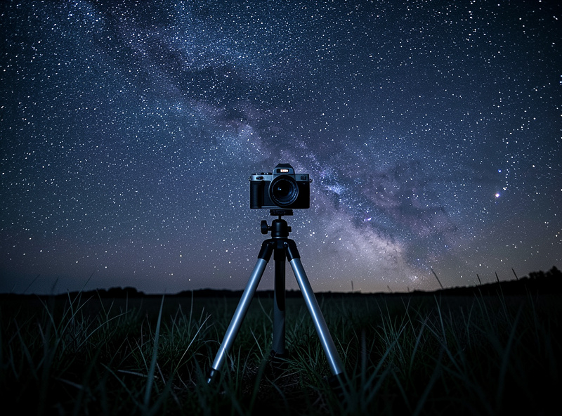 Beginner astrophotography setup with a mirrorless camera on a tripod under a starry sky