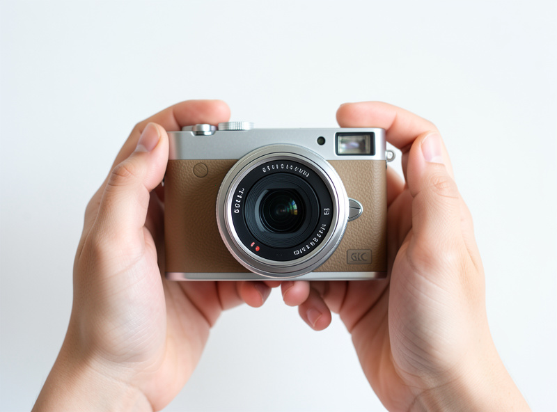A small lightweight beginner mirrorless camera with a compact kit zoom held in two hands