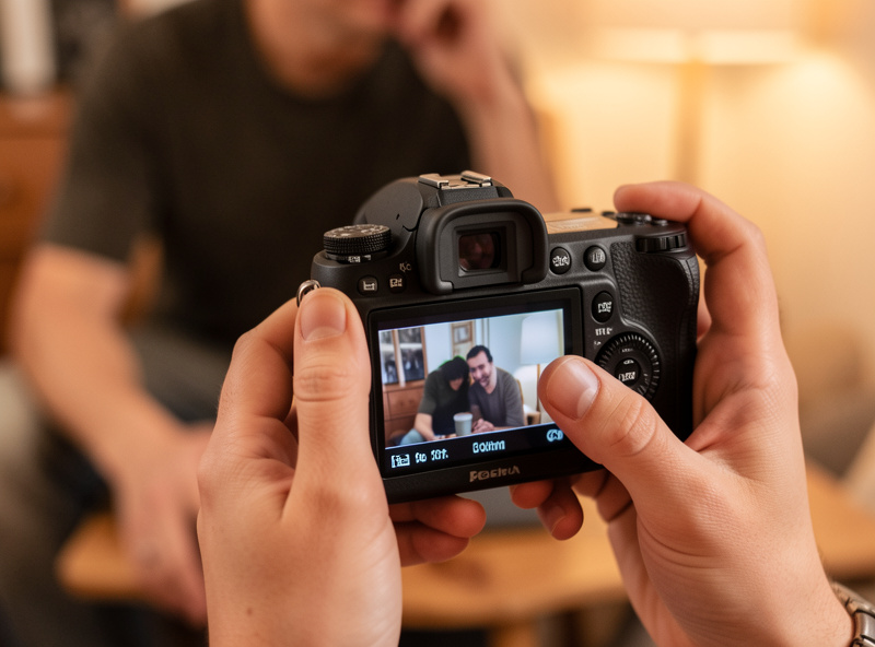 A beginner photographer looking at the rear screen of a mirrorless camera and turning a control dial
