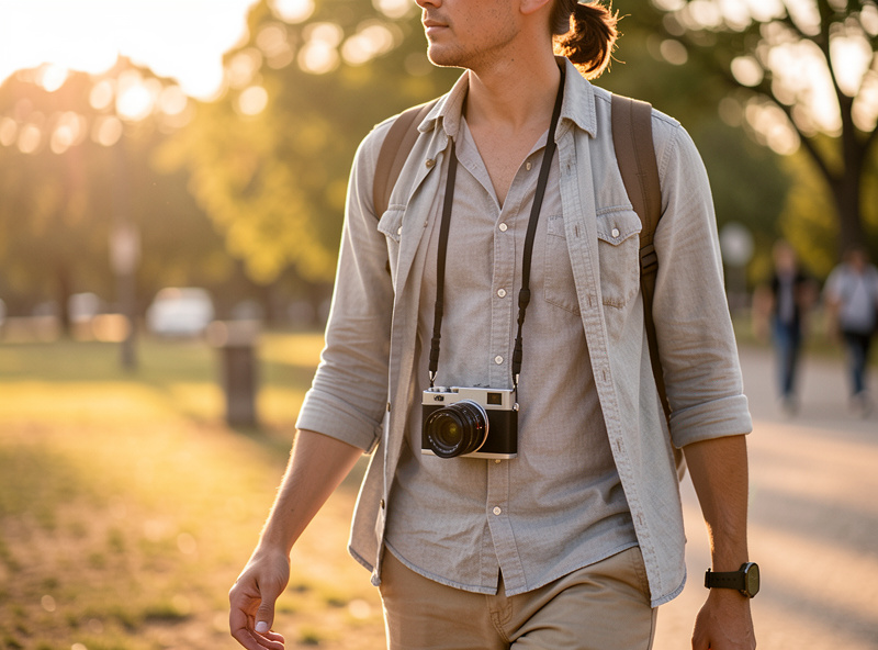 A person walking outdoors with a small mirrorless camera on a neck strap at golden hour