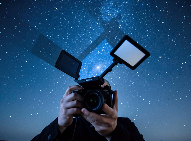 Photographer adjusting camera settings on a tilting rear screen under a night sky