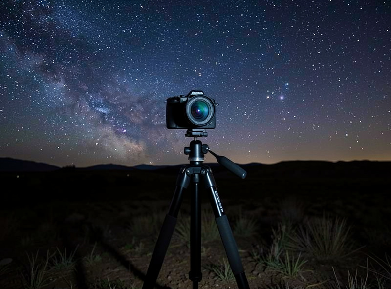Mirrorless camera with a fast wide lens set up on a tripod for night sky photography