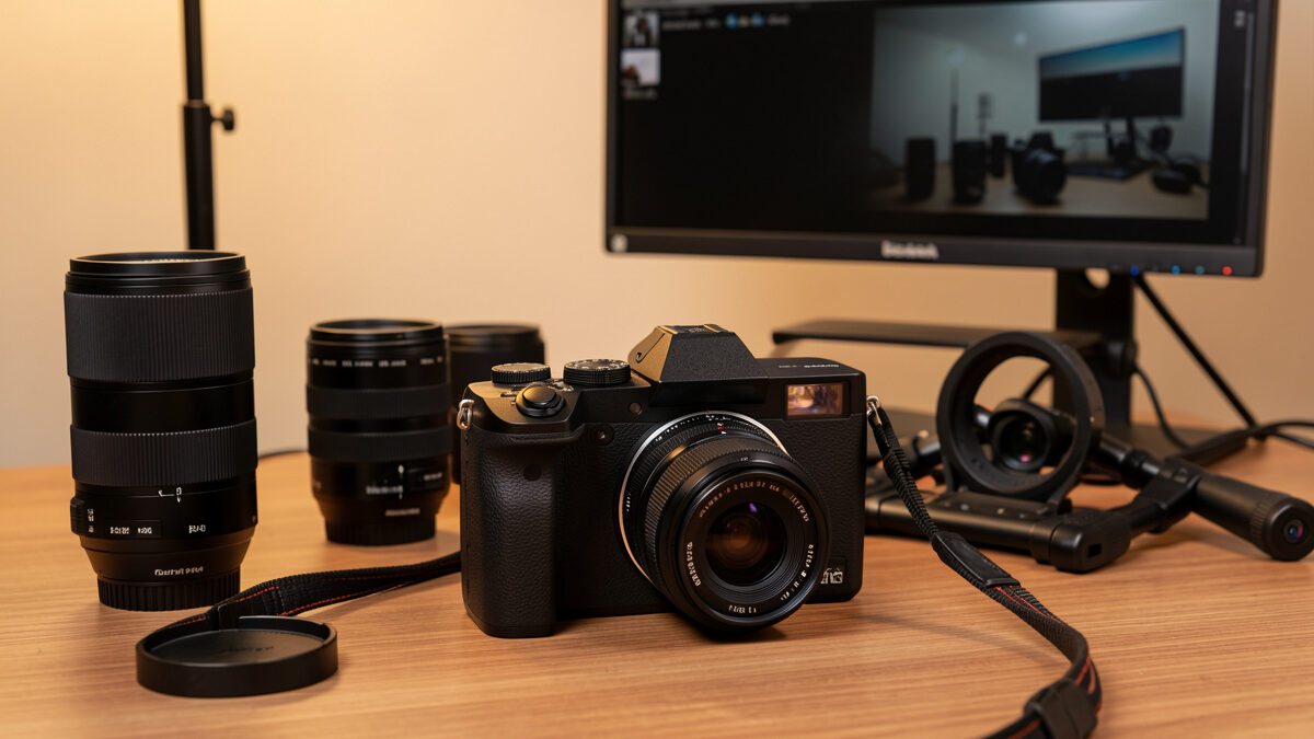 Hybrid mirrorless camera video setup with lenses and monitor