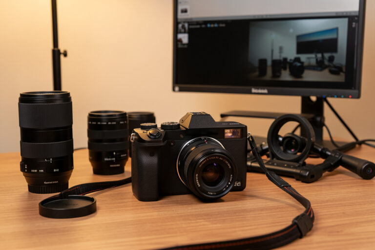 Hybrid mirrorless camera video setup with lenses and monitor