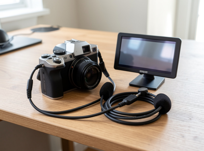 A hybrid mirrorless camera set up on a desk with a headphone cable and external monitor for video