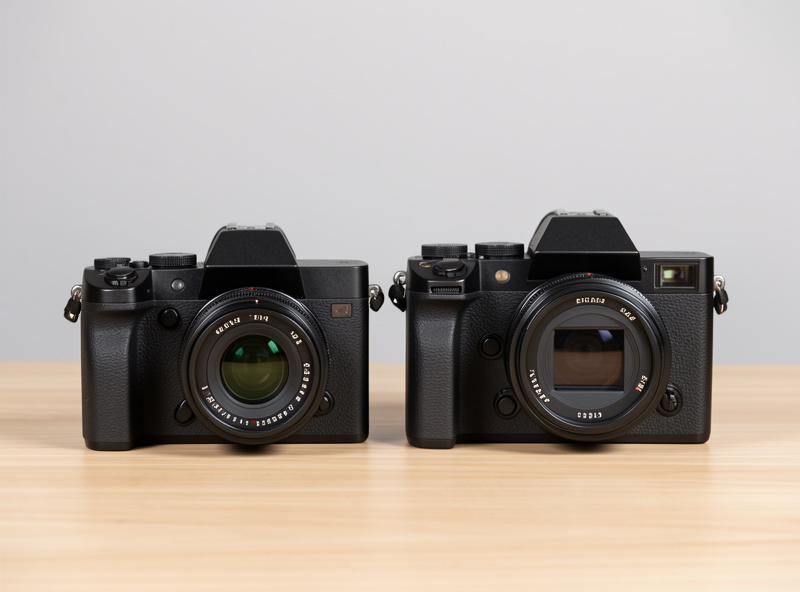 APS-C and full-frame mirrorless cameras compared side by side on a wooden table