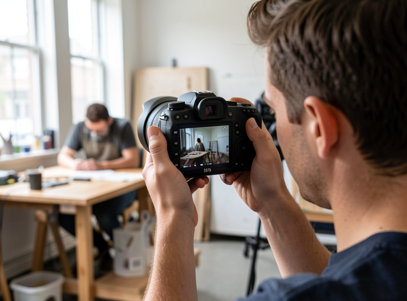 Photographer filming a workshop scene handheld with an image-stabilized mirrorless camera