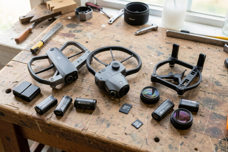 Three camera drones of different sensor sizes on a workbench for photography buyers