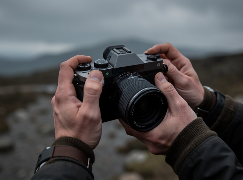 An enthusiast operating a weather-sealed mid-tier mirrorless camera with twin dials and a fast zoom outdoors
