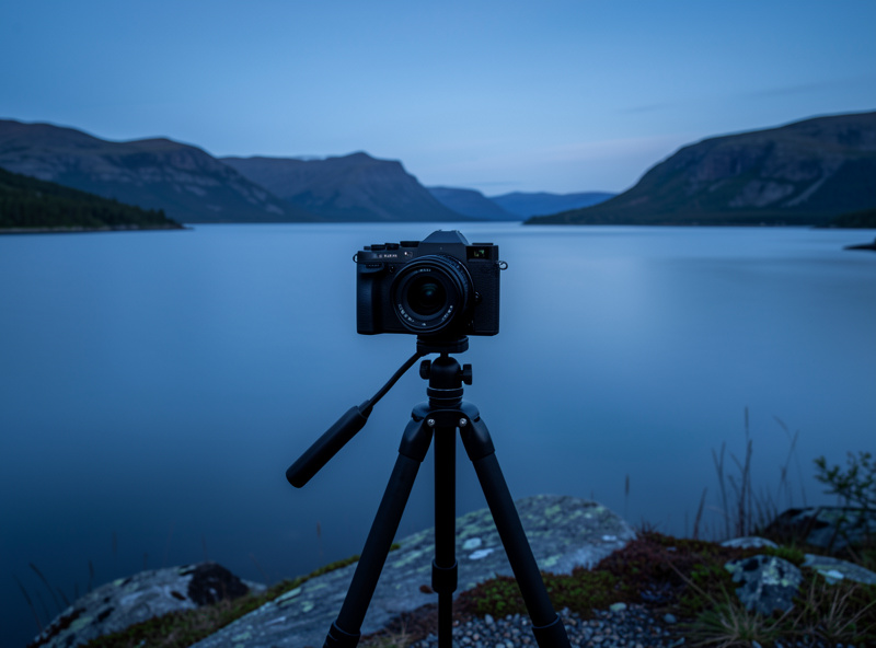 A mirrorless camera on a carbon tripod overlooking a Scandinavian landscape at blue hour