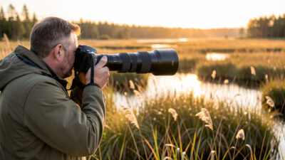 Wildlife photographer aiming a long telephoto zoom lens across a Nordic wetland at dawn