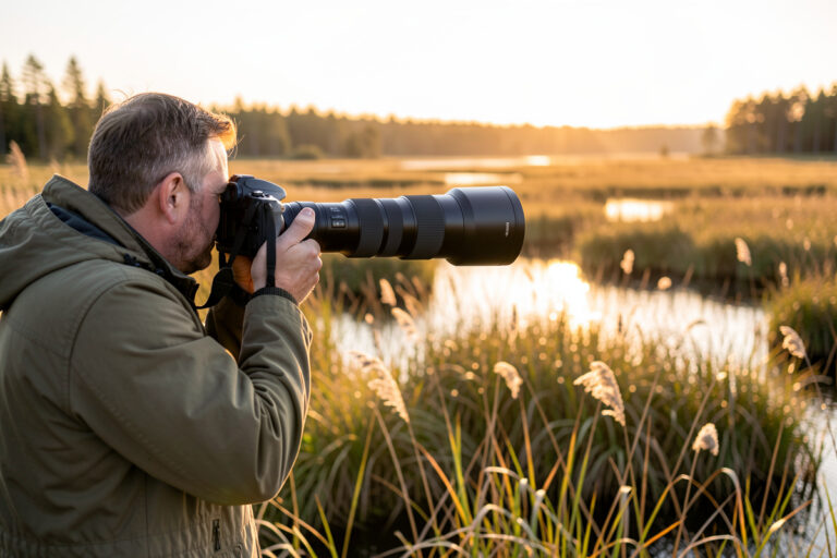 Wildlife photographer aiming a long telephoto zoom lens across a Nordic wetland at dawn