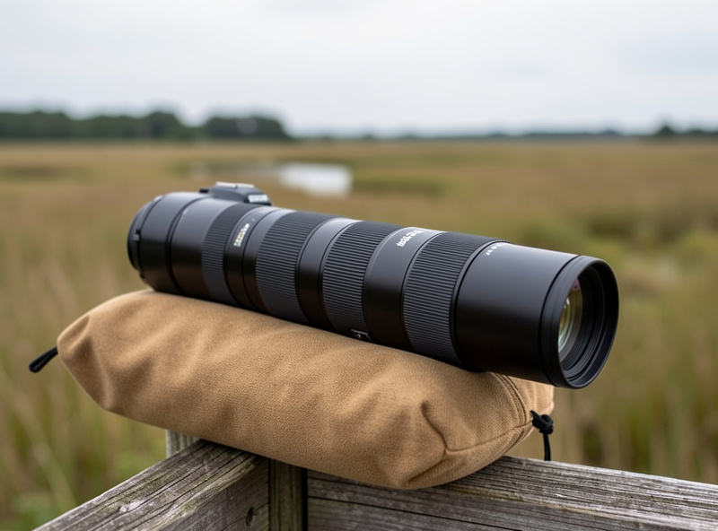 A long 150-600mm telephoto zoom lens mounted on a mirrorless camera, resting on a bean bag aimed across a wetland