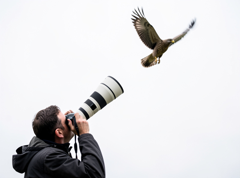 Photographer handholding a large white telephoto zoom lens tracking a bird in flight against an overcast sky