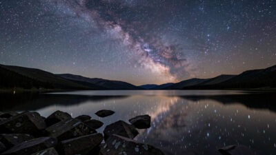 Wide-angle lens framing the Milky Way over a dark landscape horizon