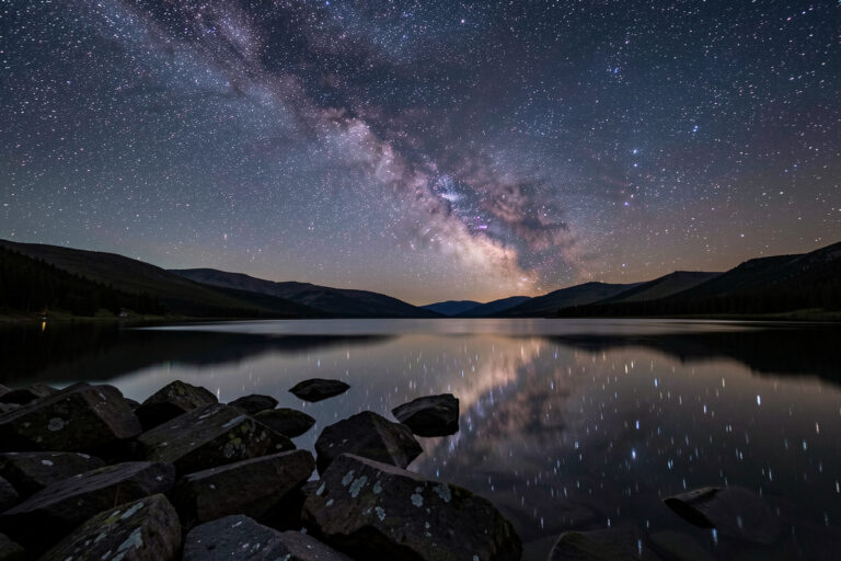 Wide-angle lens framing the Milky Way over a dark landscape horizon