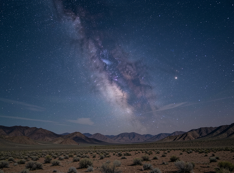 The Milky Way framed by a wide-angle lens over a dark foreground landscape with a strong horizon line