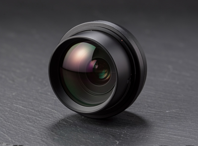A fast ultra-wide camera lens with a bulbous protruding front element on a dark surface