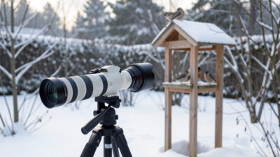 Long telephoto lens on a tripod aimed at a bird feeder in a snowy Scandinavian garden