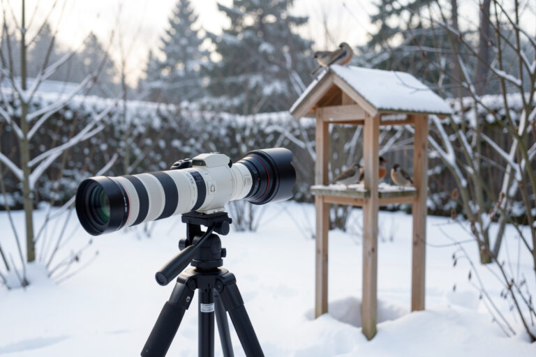 Long telephoto lens on a tripod aimed at a bird feeder in a snowy Scandinavian garden