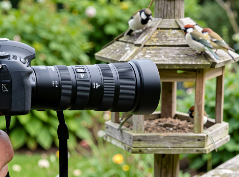 A long 600mm telephoto lens on a mirrorless camera aimed at a bird feeder in a Scandinavian garden
