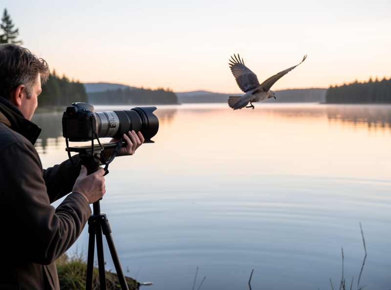 A camera with a long lens steadied on a monopod, tracking a bird in flight over a Nordic lake