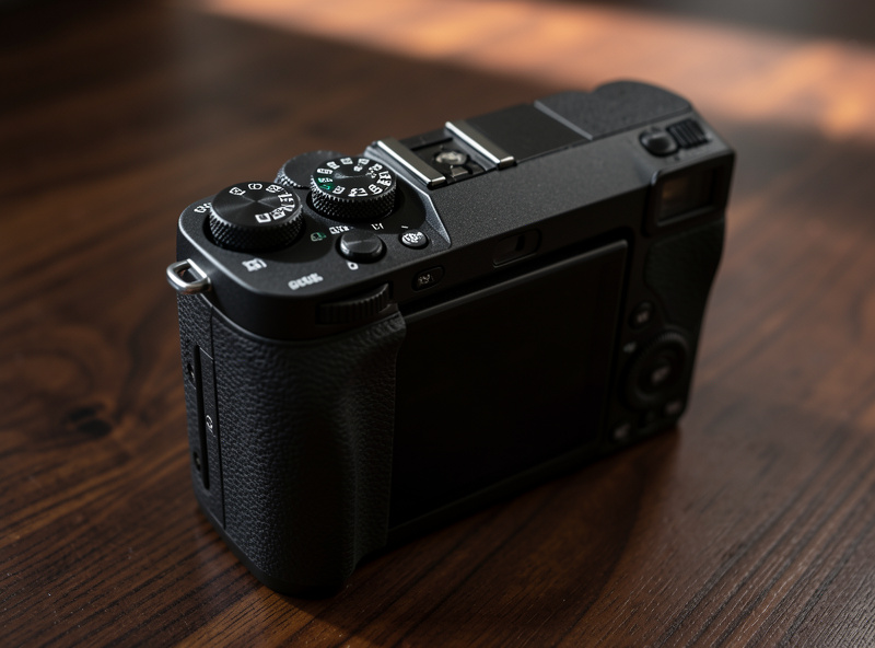 Close-up of a mirrorless camera body top plate showing mode dial and command dials under side light