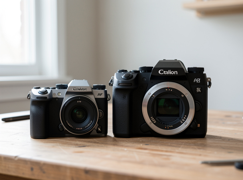 A compact APS-C camera body beside a larger full-frame body on a workbench in soft daylight