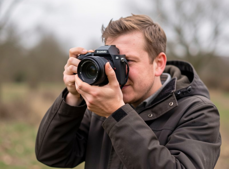 Photographer raising a mirrorless camera to their eye to compose outdoors in soft overcast light