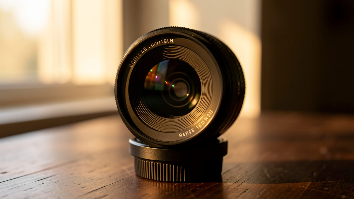 Camera lenses arranged by focal length beside a mirrorless body on a workshop bench