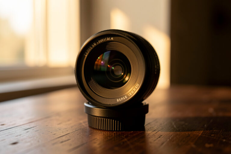 Camera lenses arranged by focal length beside a mirrorless body on a workshop bench