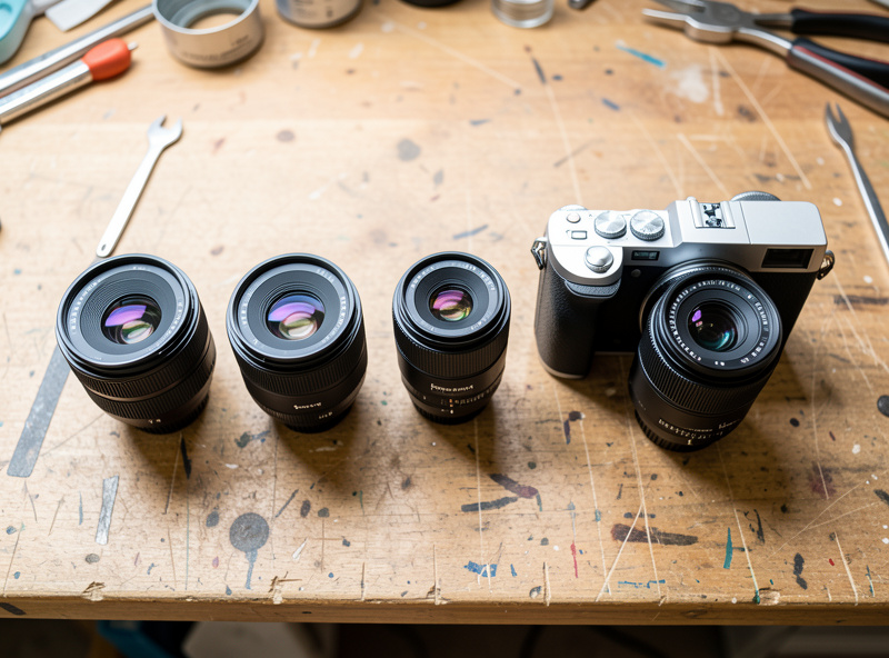 Several camera lenses arranged by focal length on a workshop bench next to a mirrorless body
