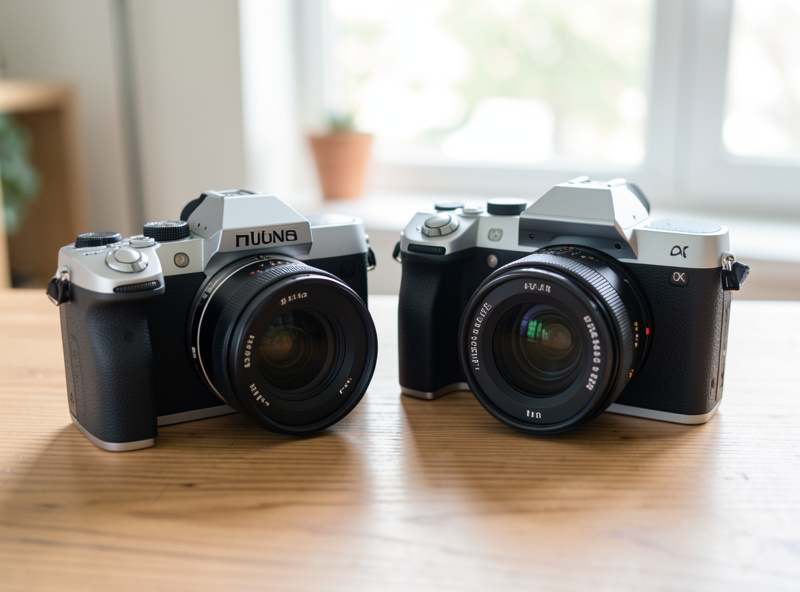 APS-C and full-frame mirrorless bodies side by side with matching prime lenses for comparison