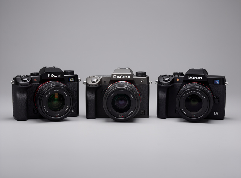 Three different mirrorless camera bodies lined up side by side on a neutral grey surface