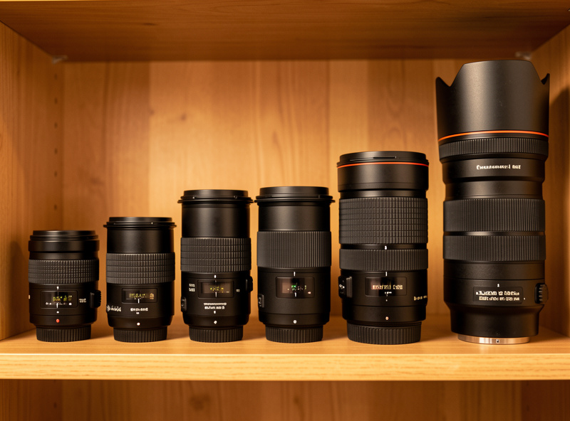 A row of camera lenses of varying sizes standing upright on a wooden shelf