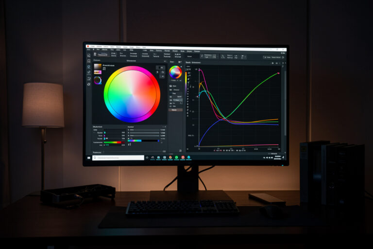 Color grading workspace with color wheels on a calibrated monitor