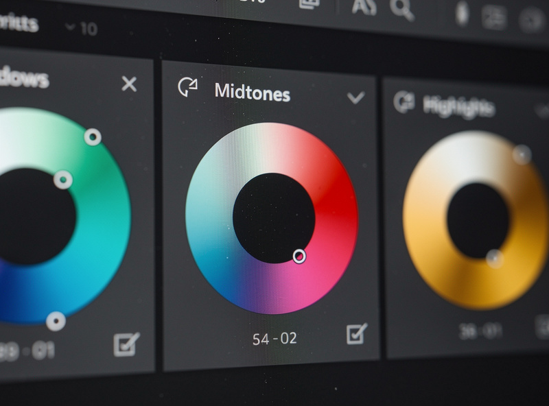 Color wheels for shadows, midtones, and highlights in photo editing software